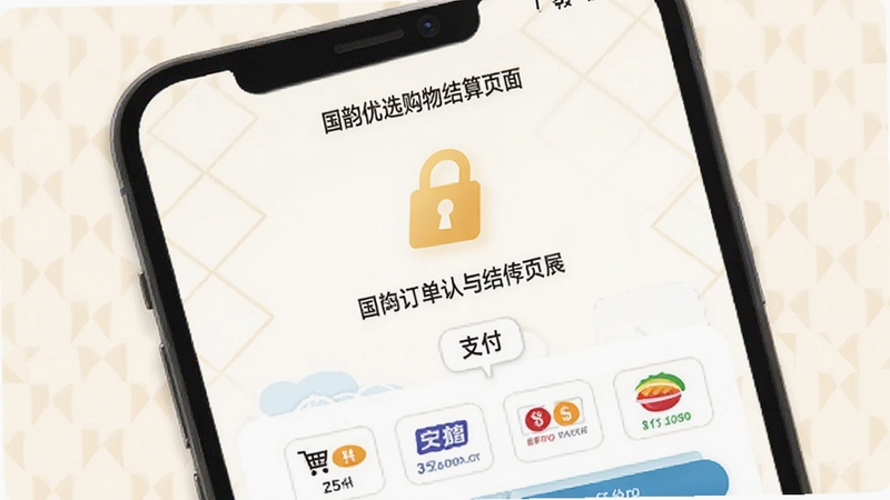 国韵优选购物结算页面,手机屏幕显示订单确认与支付界面,画面中有安全锁图标和多种支付方式图标,背景为简洁的浅色几何图案,突出安全便捷的视觉感受,适配Boogu模型生成