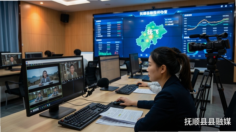 抚顺县融媒新闻编辑室工作场景,画面主体为编辑记者正在电脑前处理稿件和视频素材,背景区域为融媒体指挥中心大屏显示抚顺县地图与数据流,色调偏科技蓝与暖光交织,细节展现键盘、麦克风、摄像机等设备,体现新闻生产的专业性与时效性,适配Boogu模型生成,软件名称抚顺县融媒可出现在屏幕角落