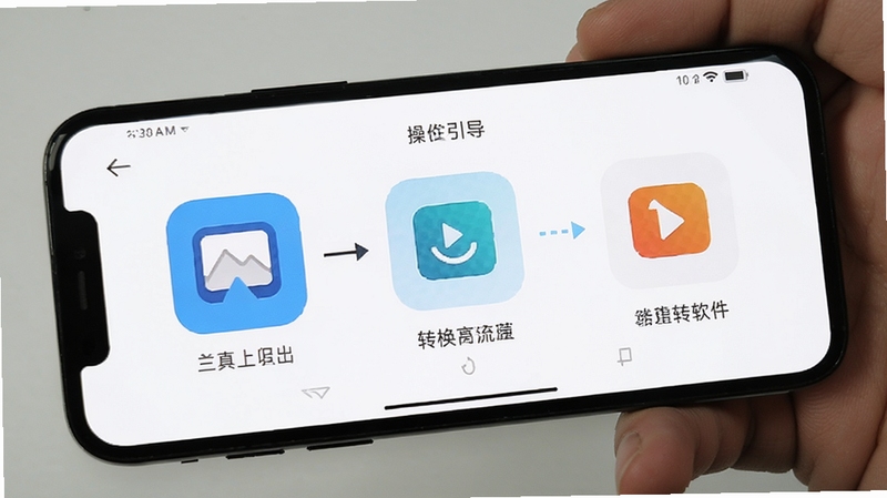 本地离线万能格式转换软件 操作引导界面 手机屏幕显示三步转换流程图 图标大而清晰 背景为白色 风格清爽