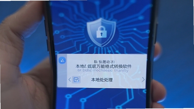 本地离线万能格式转换软件 隐私安全提示界面 手机屏幕显示盾牌图标与本地处理标识 背景为蓝色渐变 科技感强