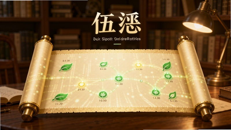 伍软件电子年表功能展示,画面主体是一卷展开的淡金色数字卷轴,卷轴上点缀着绿色的树叶图标与发光的时间节点,背景区域是虚化的书房一角,暖色调灯光,营造出回顾与沉淀的氛围,卷轴上方有伍字样