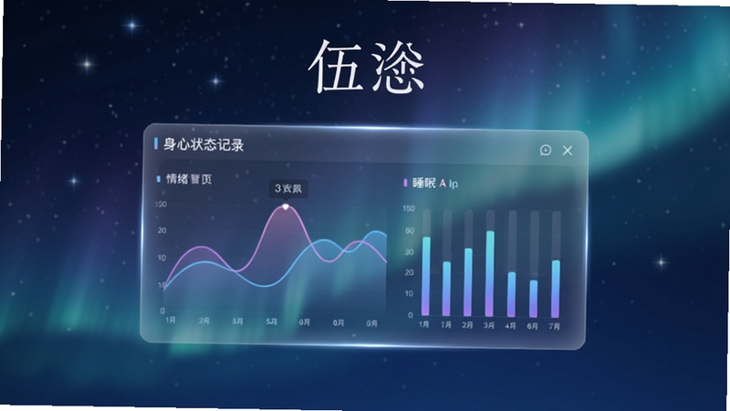 伍软件身心状态记录功能界面,画面中心是一个发光的半透明数据面板,上面显示着波浪形的情绪曲线和柱状睡眠数据,背景区域是深蓝色星空与柔和的极光,体现科技感与宁静感,软件名称伍以优雅字体悬浮于面板上方