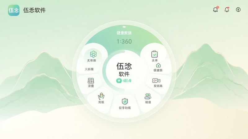 伍软件主界面UI展示,中心位置为柔和的圆形健康数据仪表盘,背景区域是浅绿色与米白色渐变的抽象山脉轮廓,整体风格清新舒缓,画面干净明亮,突出伍应用图标与核心功能模块