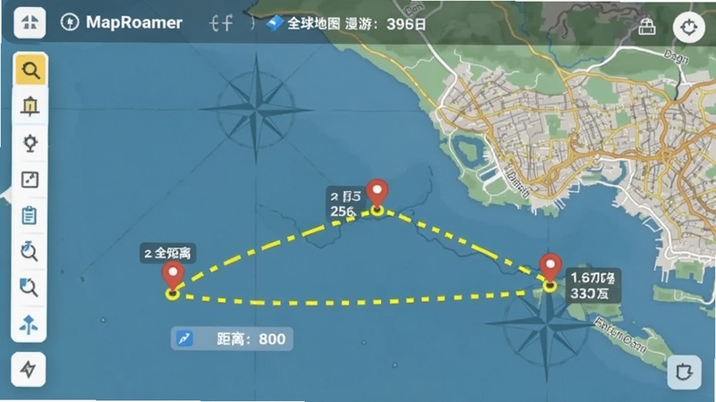 MapRoamer(全球地图漫游)测量工具操作场景,画面中一条黄色折线连接三个地图标记点,旁边显示距离数值与面积结果,背景是海岸线与城市轮廓,界面左侧有测量工具栏,适配Boogu模型生成