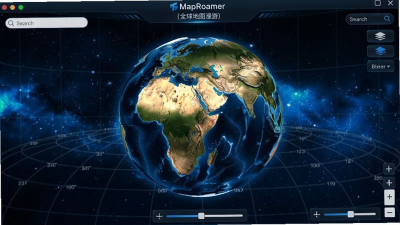 MapRoamer(全球地图漫游)软件主界面全貌,画面中央为三维地球模型,背景是深蓝色星空与经纬网格,地球表面呈现清晰的陆地与海洋纹理,界面四周分布搜索框、图层切换按钮和缩放滑块,整体风格科技感十足,适配Boogu模型生成