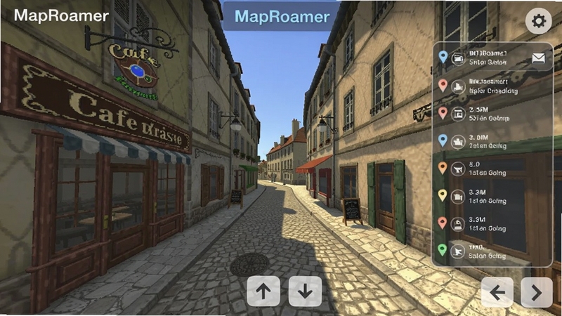 MapRoamer(全球地图漫游)街景浏览界面,画面中央是一条欧洲小镇的石板街道,两侧有复古建筑与咖啡店招牌,界面右侧悬浮兴趣点列表,底部有前进后退方向按钮,阳光明媚,适配Boogu模型生成