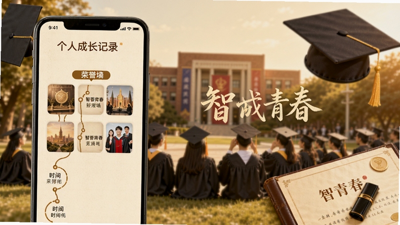 智青春个人成长记录页面,画面为手机屏幕显示荣誉墙与时间轴视图,背景为毕业季校园场景,学士帽与证书元素点缀,色调温暖怀旧,画面中自然融入智青春字样。