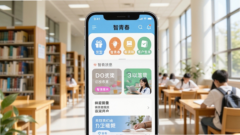 智青春应用主界面展示,画面中央为手机屏幕特写,屏幕内呈现智青春APP的首页布局,包含功能图标与卡片式信息流,背景为明亮的校园图书馆场景,整体色调清新活力,适配Boogu模型生成。