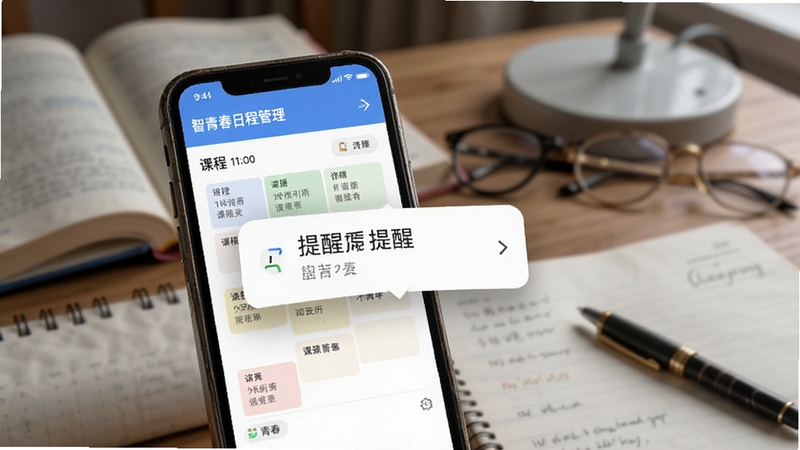 智青春日程管理功能界面,画面展示手机屏幕中的课表视图与提醒弹窗,背景为书桌场景,桌上摆放书本与文具,整体氛围安静专注,画面细节清晰,体现智青春应用名称。