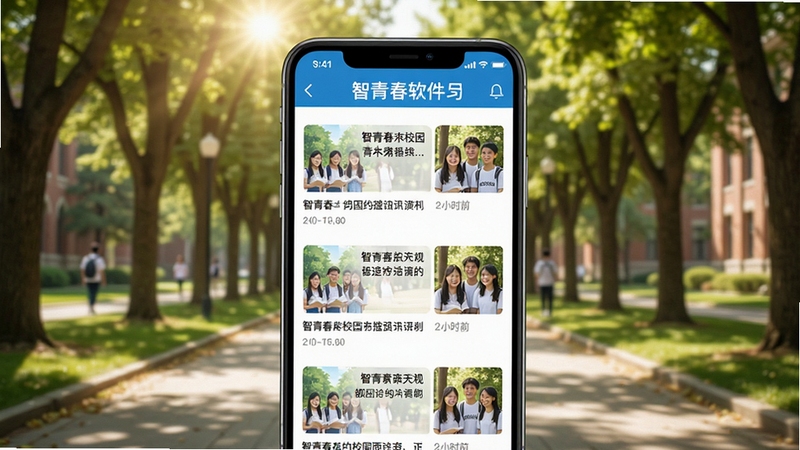 智青春校园资讯页面展示,画面主体为手机屏幕中呈现的资讯列表界面,包含标题、缩略图与时间标签,背景为大学校园林荫道,阳光透过树叶洒落,画面风格写实明亮,突出智青春软件名称。
