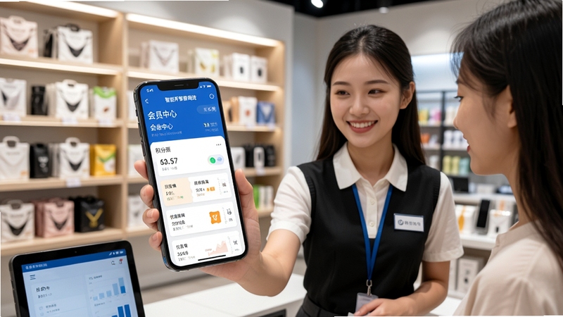 现代零售店铺内,店员微笑着向顾客展示手机上的智能新零售商城系统会员中心页面,页面显示积分余额和优惠券列表,背景是整齐的商品陈列架,画面传递亲切的服务氛围