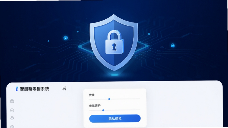 一个盾牌形状的安全图标悬浮在智能新零售商城系统的后台登录界面上方,盾牌中有锁形图案,背景是深蓝色科技感渐变,画面简洁有力,传递数据安全与隐私保护的概念