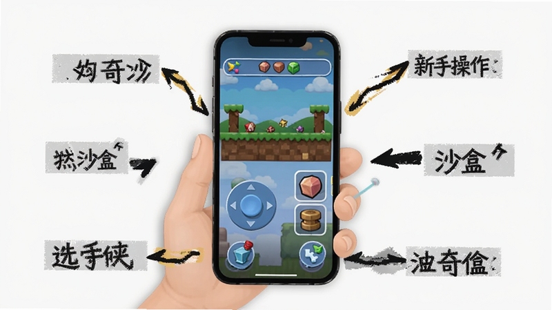 我的奇妙沙盒 新手操作界面示意图,画面中一只手拿着手机,屏幕上显示虚拟摇杆和道具栏,旁边有箭头标注各个功能区域,背景简洁,适配Boogu模型生成