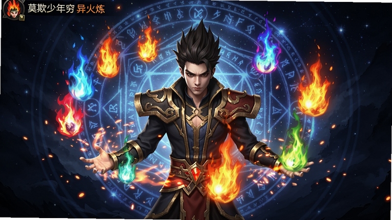 斗破:莫欺少年穷 异火炼化界面,多种颜色的异火悬浮在角色周围,火焰粒子特效绚丽,背景为星空法阵,玄幻游戏UI风格