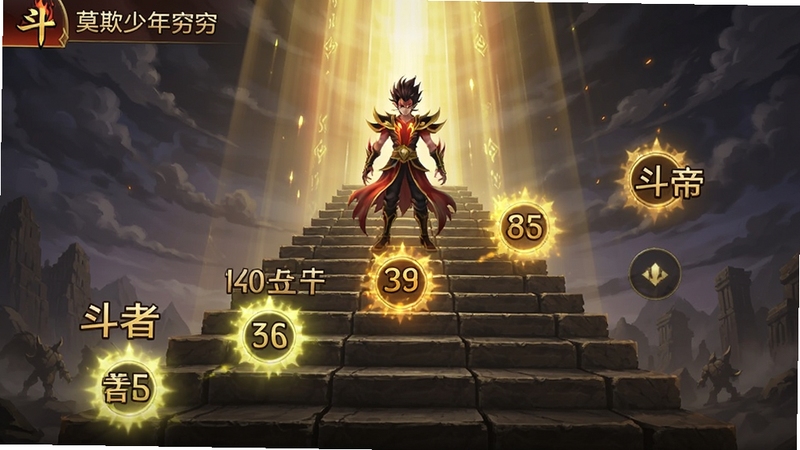 斗破:莫欺少年穷 角色进阶界面,斗气阶梯从斗者到斗帝逐级点亮,角色站在阶梯顶端,背景为金色光柱,玄幻风格游戏画面
