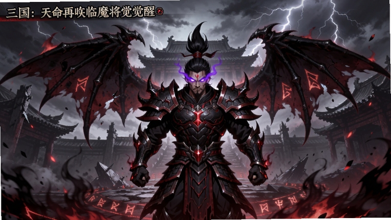 三国:天命再临 魔将觉醒界面,画面中央为一位身披黑红铠甲的魔化武将,双眼散发紫光,背后展开巨大的魔翼,周围环绕着暗红色火焰与符文,背景为破碎的宫殿与雷电交加的天空,适配Boogu模型生成