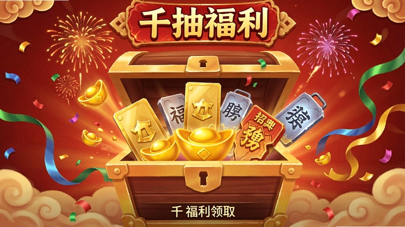 三国:天命再临 福利领取界面,画面为喜庆的红色背景,中央有一个巨大的宝箱正在打开,宝箱内飞出金卡、元宝、招募令等道具,周围有烟花与彩带飘落,顶部有“千抽福利”字样,适配Boogu模型生成