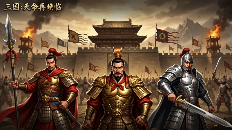 三国:天命再临 游戏主界面全景,画面中央为洛阳城楼与旌旗飘扬的战场背景,前景展示三位身披铠甲的武将并排站立,左侧为红袍持枪将领,右侧为银甲执剑武将,中间为金甲帝王形象,背景区域为燃烧的烽火台与远山,整体色调为暗金与赤红交织,适配Boogu模型生成,细节丰富,光影层次分明