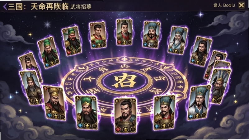 三国:天命再临 武将招募界面,画面中心为巨大的招募法阵,法阵周围漂浮着数十张武将卡牌,卡牌上分别绘制关羽、张飞、赵云、诸葛亮等人物头像,背景为星空与祥云,色调以紫金为主,卡牌边缘有流光特效,适配Boogu模型生成