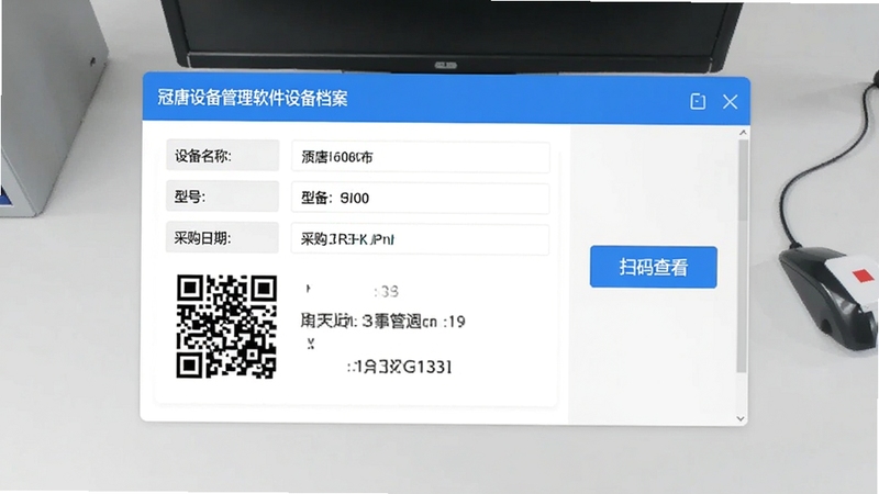 �����豸���������豸����ҳ���ͼ������չʾһ̨��ҵ�豸����ϸ���ӵ�����Ƭ�������豸���ơ��ͺš��ɹ����ڡ���ά���ǩ���ֶΣ��Ҳ���ɨ��鿴��ť������Ϊǳ��ɫ�칫���棬������¼��