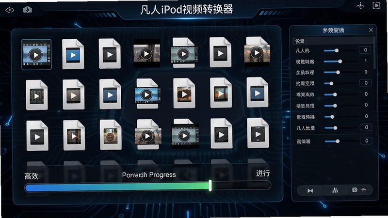 凡人ipod视频转换器批量转换功能展示图,画面中多个视频文件缩略图排列整齐,转换进度条显示进行中,右侧有参数设置面板,背景为深色科技感界面,突出高效批量处理特点