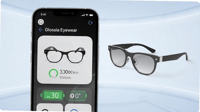 一个现代化的智能手机界面展示Glossia Eyewear应用主页面,画面中央偏左放置手机,屏幕显示智能眼镜连接状态与电量信息,右侧悬浮展示一副时尚智能眼镜产品图,背景为浅蓝色渐变科技感空间,光线柔和明亮,整体风格简洁清新,适合下载站展示