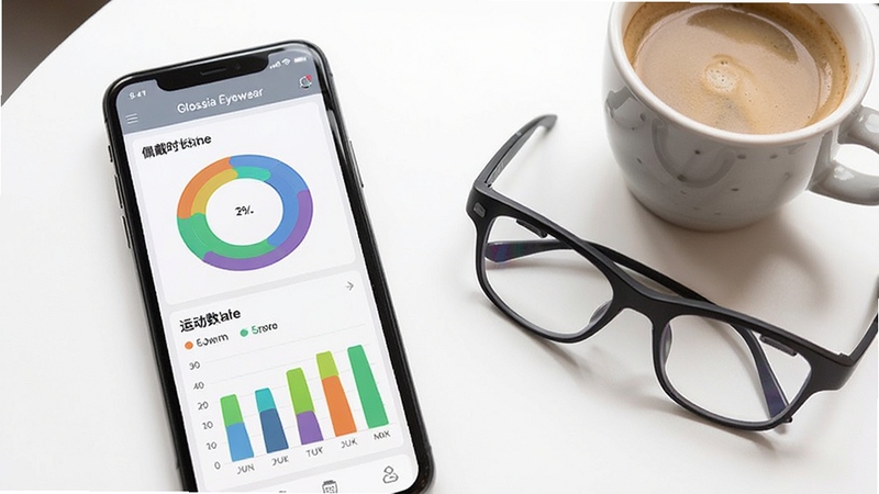Glossia Eyewear应用数据统计页面,手机屏幕展示彩色环形图表与柱状图,显示佩戴时长与运动数据,背景为纯白桌面,旁边放着一副智能眼镜和一杯咖啡,整体氛围轻松舒适,适合健康管理场景
