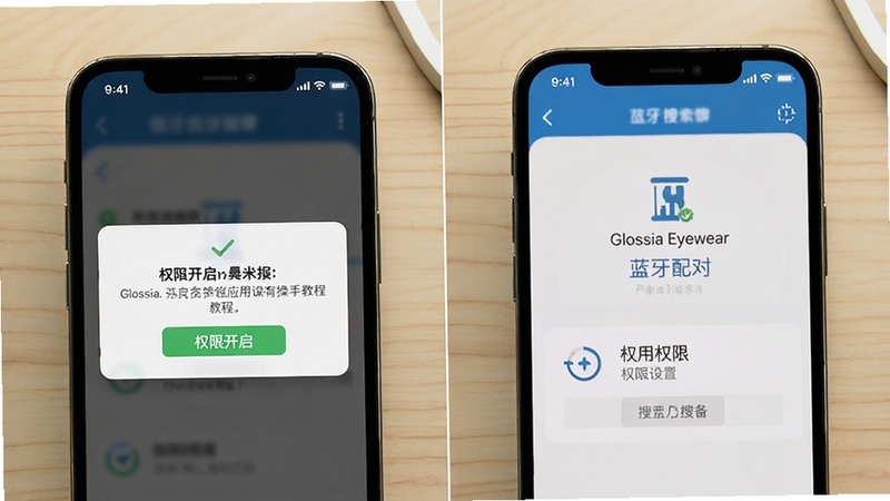 Glossia Eyewear应用操作教程示意图,手机屏幕显示蓝牙配对步骤与权限设置界面,画面分为左右两部分,左侧为权限开启提示,右侧为设备搜索界面,背景为浅色木质桌面,整体风格清晰易懂,适合新手教程展示