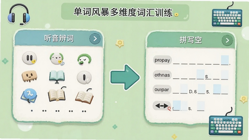 ���ʷ籩��ά�ȴʻ�ѵ�����棬�������Ϊ�������ģ�飬�Ҳ�Ϊƴд���ģ�飬�м��Լ�ͷ����ʾ��ѧϰ���̣�����Ϊǳ��ɫѧϰ��Χ��ϸ�ڰ�������ͼ�������ͼ�꣬����Booguģ������