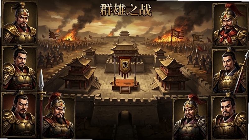 群雄之战游戏主界面全景展示,画面中央是古代城池与点将台,四周环绕着各位三国名将的立绘,背景为烽火连天的战场远景,整体色调以暗金与朱红为主,突出乱世争霸的氛围