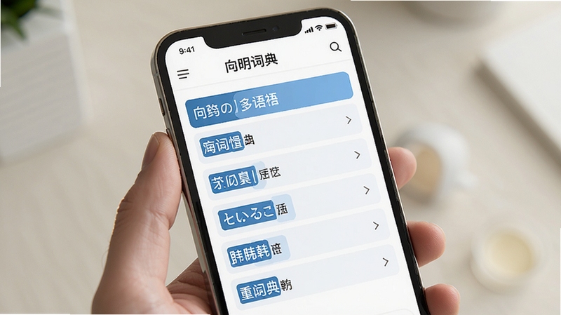 向明词典多语种查询界面,手机屏幕显示中英日韩词汇检索结果,简洁白色背景,蓝色高亮关键词,扁平化UI设计风格,柔和光线,高清细节