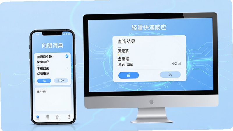 向明词典轻量快速响应,手机和电脑双端展示,界面清爽,查询结果秒出,背景为淡蓝色渐变,科技感线条点缀,产品展示风格