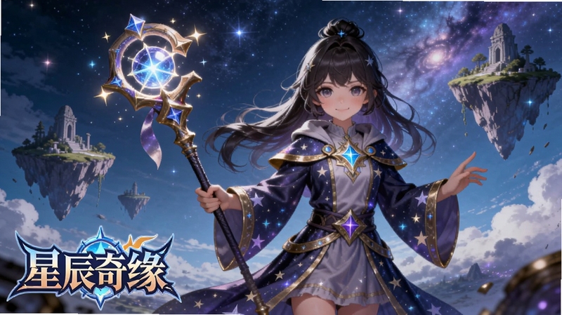 星辰奇缘 官方宣传主视觉图,画面中央是一位身穿星辰法袍的少女角色,手持发光法杖,背景是浩瀚星空与漂浮的奇幻岛屿,画面左下角有游戏Logo,整体色调以深蓝紫色为主,点缀金色星光,适配Boogu模型生成