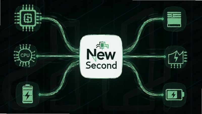 һ���������������ͼ��������New Second��Logo���������������ϸ�������Ŵ���CPU���ڴ�͵�ص�ͼ�꣬����������������ɫ��Ч������Ϊ��ɫ�Ƽ��������崫�����Ч���ȶ��������ĵļ���ӡ��