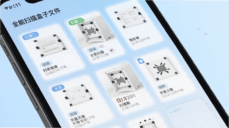 手机屏幕显示全能扫描盒子的文件管理列表,多个扫描文档以缩略图卡片形式排列,每张卡片带有标签和日期,界面干净整洁,背景为淡蓝色渐变,突出分类管理的便捷性,UI设计风格现代