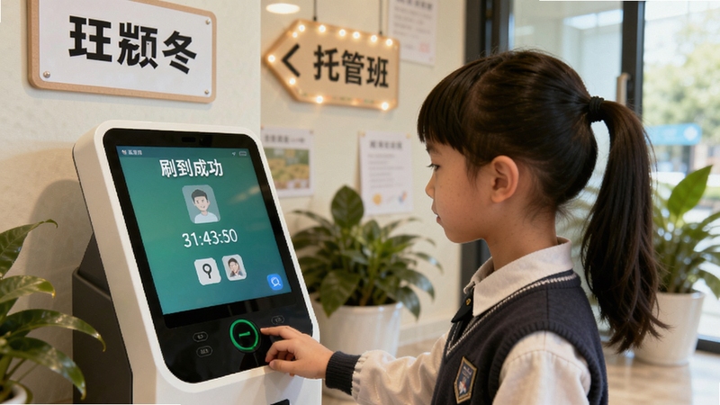 365托管管家刷脸签到场景,画面主体为一名小学生站在终端设备前进行人脸识别,屏幕显示签到成功与时间信息,背景为托管班入口区域,有醒目的班级指示牌和绿植装饰,光线柔和,突出安全与便捷的科技感