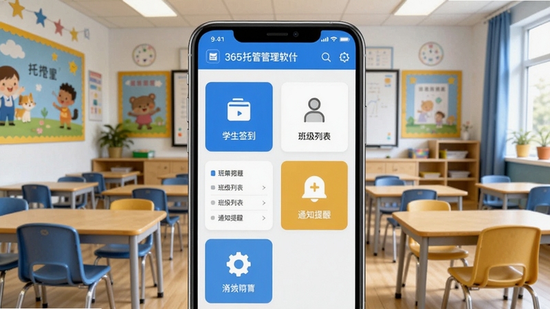 365托管管家软件主界面全貌展示,画面中央为手机屏幕内呈现的托管班管理后台首页,包含学生签到、班级列表、通知提醒等模块图标,背景区域为整洁明亮的托管教室环境,桌椅排列整齐,墙面有卡通装饰,整体色调以蓝白和暖黄为主,突出教育科技与温馨氛围结合