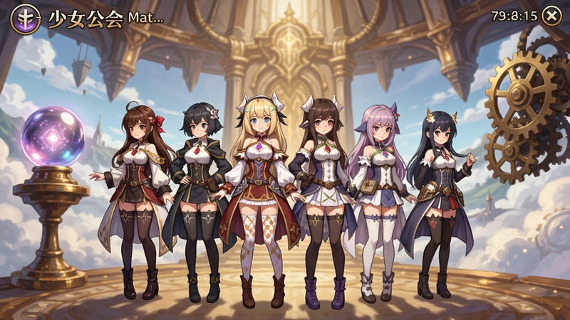 幻想少女公会 游戏主界面全景 画面中央为六名风格各异的二次元少女角色站成一排 背景为悬浮在云端的魔法公会大厅 左侧水晶球悬浮 右侧机械齿轮转动 整体色调明亮温暖 二次元赛璐璐风格 高清细节 16:9构图