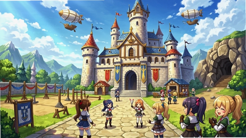 幻想少女公会 公会领地全景 画面展示一座繁荣的公会城堡 城堡周围有训练场与矿洞建筑 多名少女角色在广场上互动 天空有飞艇经过 温馨热闹的社区氛围 二次元卡通渲染风格