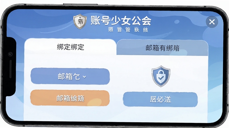 幻想少女公会 账号管理界面 画面展示手机绑定与邮箱绑定两个选项卡 界面简洁 有盾牌安全图标 背景为柔和的蓝色渐变 二次元手游设置界面风格