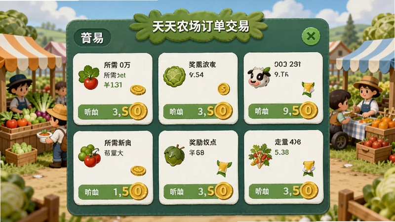 天天农场订单交易面板,显示多个订单卡片包含所需作物和奖励金币,背景是热闹的农场市集,有摊位和顾客,卡通风格