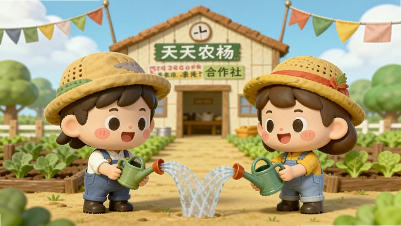 天天农场好友互动场景,两个卡通角色在农场中互相帮助浇水,背景有合作社建筑和飘扬的旗帜,氛围欢乐温馨