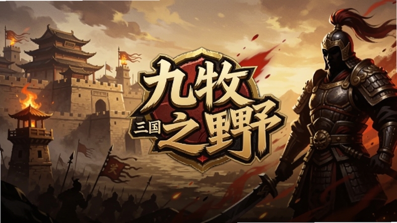 一款以三国为背景的策略手游主视觉图,画面中央是九牧之野游戏Logo,背景左侧为巍峨城池与烽火台,右侧为身披铠甲的武将剪影,整体色调为暗金与赤红,充满史诗战争氛围,适配Boogu模型生成