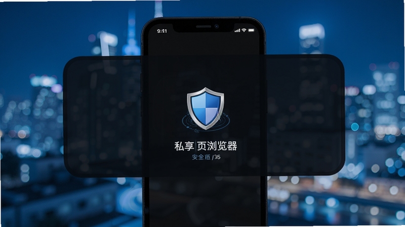 私享网页浏览器 主界面 手机屏幕 深色主题 盾牌图标 居中显示 背景为模糊的城市夜景 蓝色调 科技感 安全隐私 简洁排版