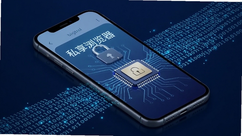 私享网页浏览器 加密存储 手机内部 数字锁 数据流 二进制代码 深蓝色背景 安全芯片 三维渲染 科技感
