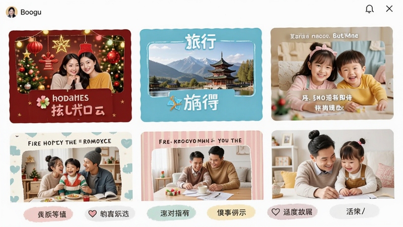 ͼƬ��������ģ��ѡ����棬������չʾ������������Ƭ����ģ������ͼ���������ա����С��������⣬ÿ��ģ����Ƕʾ����Ƭ�����֣�����ײ��з����ǩ��������ɫ�����죬����Booguģ������