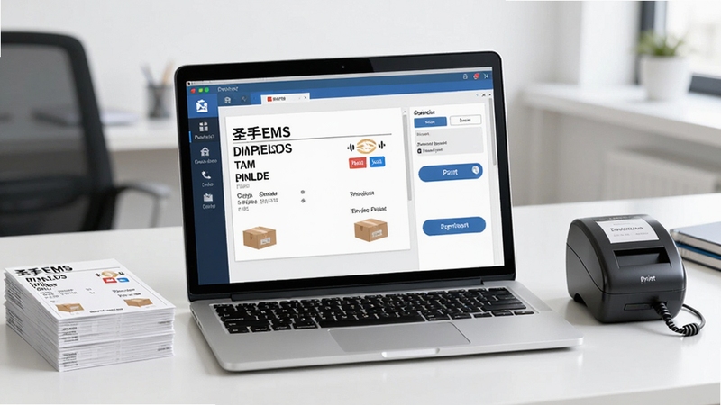 画面中央一台打开的笔记本电脑屏幕显示圣手EMS快递单包裹单打印软件的操作界面,界面上有清晰的快递单模板和打印按钮,背景是整洁的办公桌面,旁边放着一叠整齐的快递面单和一台小型热敏打印机,整体色调明亮专业,适合软件下载站展示图。