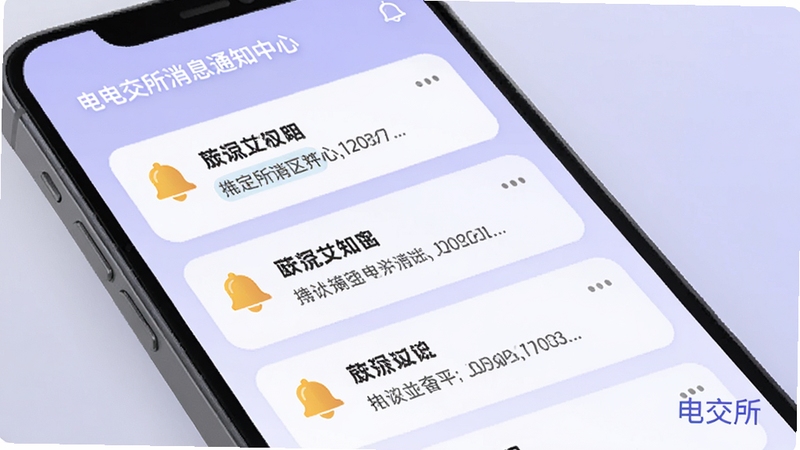 电交所消息通知中心界面图,画面展示一部手机屏幕内排列着多条通知卡片,卡片上有铃铛图标与文字摘要,背景为浅紫色渐变,整体氛围轻松、友好,画面角落有电交所字样
