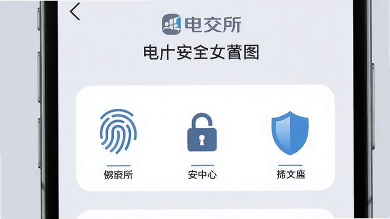 电交所账户安全设置界面图,画面展示手机屏幕内的安全中心页面,包含指纹图标、锁形图标与盾牌图标,背景为柔和的浅灰色,整体传递安全、可靠的信息,画面中带有电交所文字标识