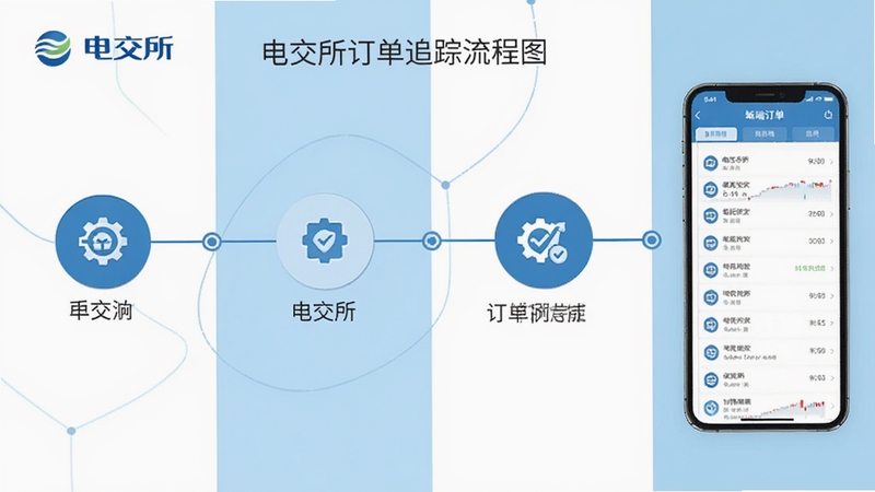 电交所订单追踪流程图,画面以简洁的流程线展示从委托提交到订单完成的各个节点,节点用圆形图标表示,背景为白色与淡蓝色交替,画面右侧展示手机端订单列表界面,整体风格干净、直观,包含电交所品牌元素